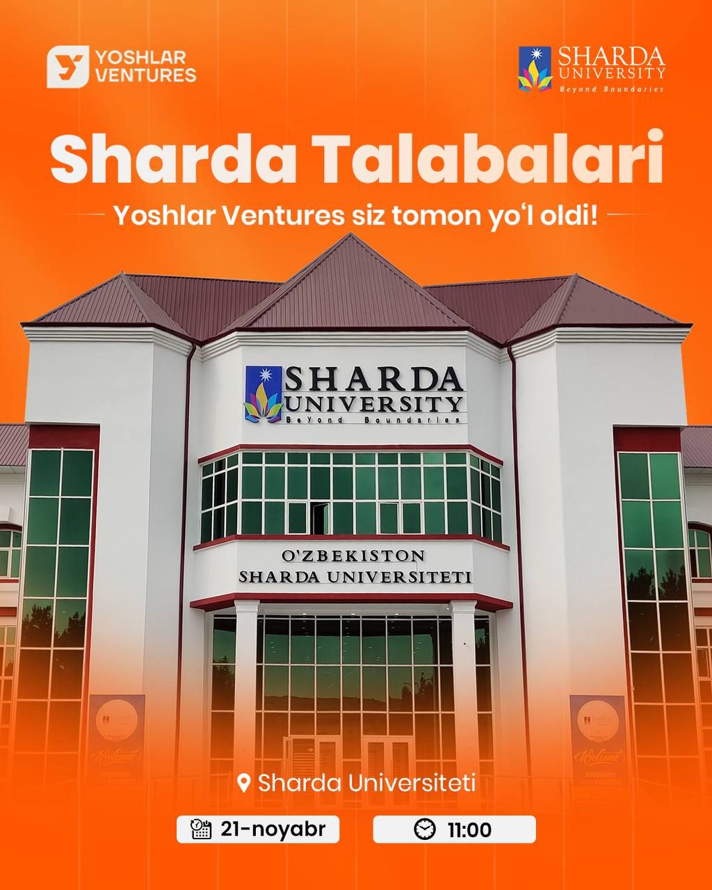 🏛 SHARDA students, are you here?! ⚡️ Yoshlar Ventures is coming your way!